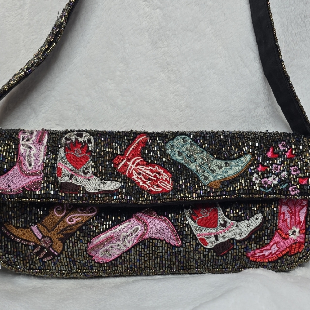 Embellished Western Boot Pattern Shoulder Bag Beautiful Hand Beaded